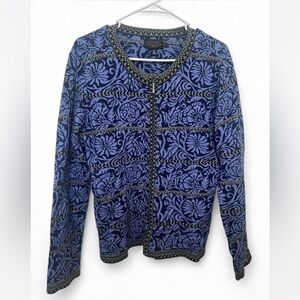 EUC Icelandic Design Nordic Fair Isle Floral Knit Zip Up Cardigan Sweater Size L